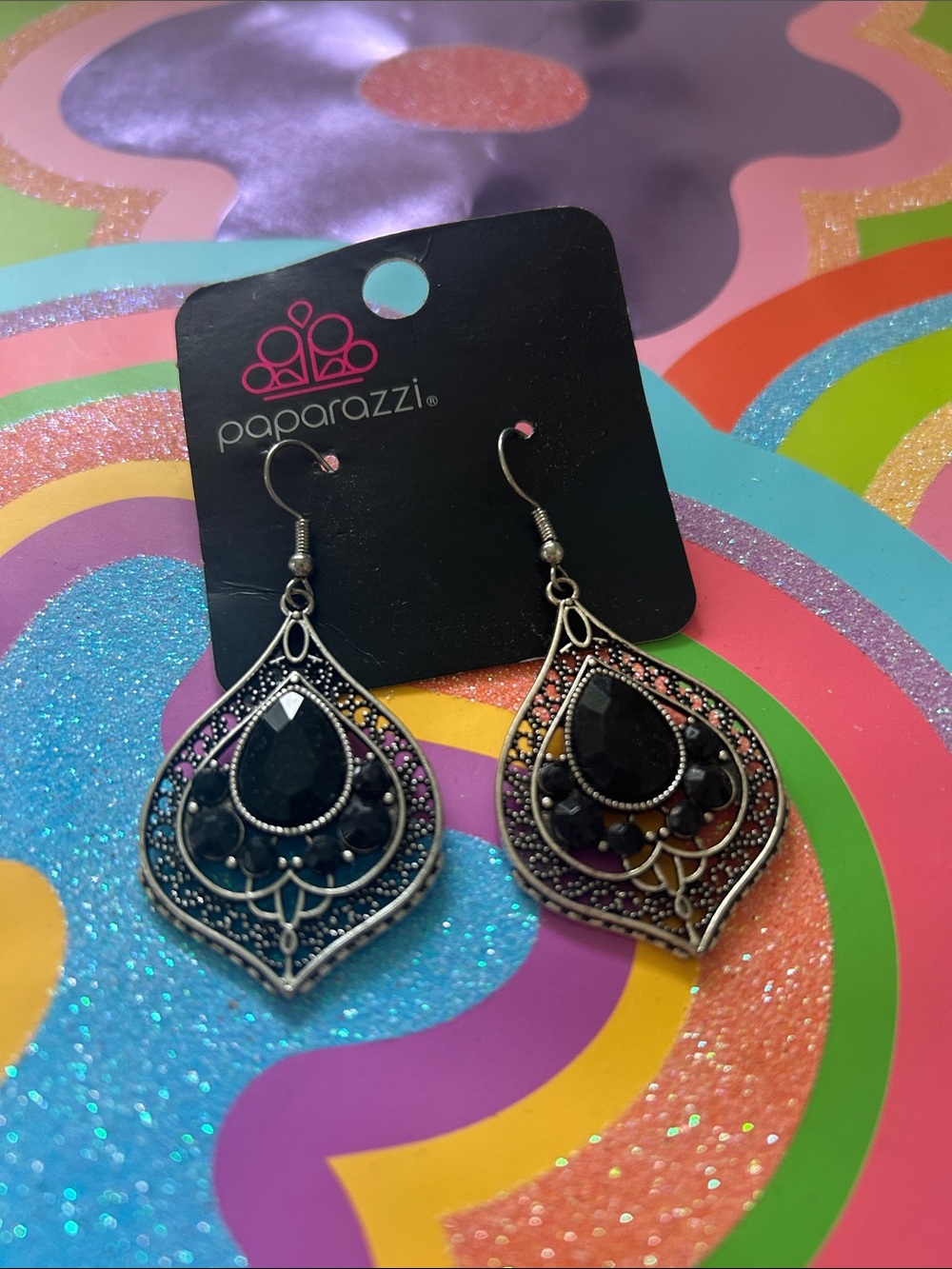 paparazzi Black Teardrop Filigree Dangle Earrings with Multicolor Accents